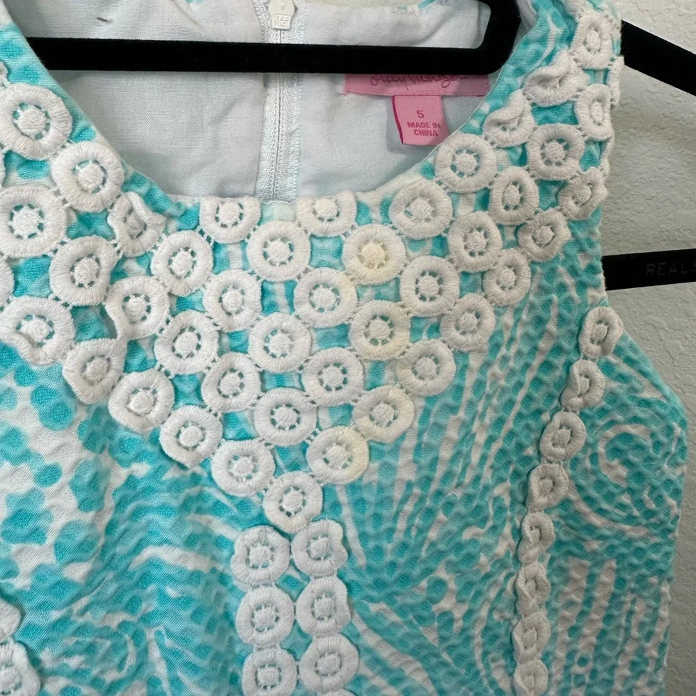 Lilly Pulitzer Girls Aqua and White Embroidered Shift Dress